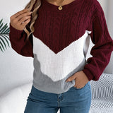 Cable Knit Color Block Sweater with Round Neck and Long Sleeves