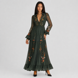 Belted V-Neck Floral Maxi Dress with Balloon Sleeve