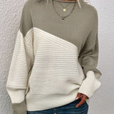 Color Block Ribbed Knit Sweater with Round Neck