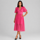 A-Line Puff Sleeve Midi Dress with V-Neck and Button Front