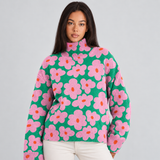 Floral Print Knit Turtleneck Sweater with Wide Sleeves