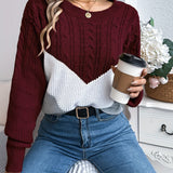 Cable Knit Color Block Sweater with Round Neck and Long Sleeves