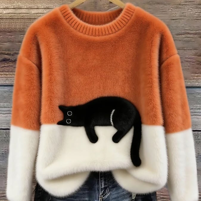 Cat Color block Oversized Fuzzy Knit Sweater