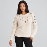 Floral Embroidered Sweater with Round Neck and Ribbed Cuff