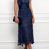 Halter Neck Midi Dress with Ruched Waist and Cutout Skirt