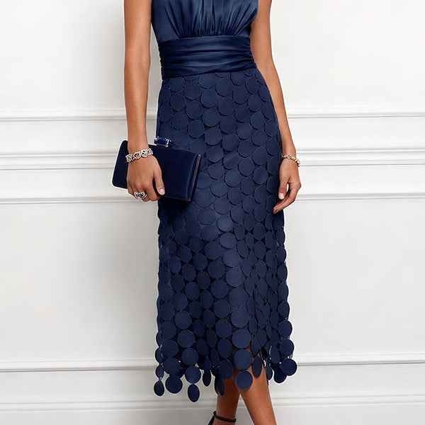 Halter Neck Midi Dress with Ruched Waist and Cutout Skirt