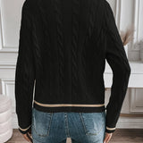 Button Front Cable Knit Cardigan with Ribbed Trim