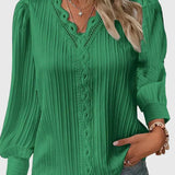 Pleated Lace-Trim V-Neck Blouse with Puff Sleeve