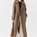 Women's Coat with Double Breasted Front and Tie Waist Belt for Office Wear