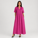 Pleated Maxi Dress with V-Neck and Short Sleeves