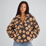Women's Fluffy Jacket with Floral Print and Half Zip Funnel Neck in Teddy Fleece Look for Winter Layering