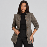 Tailored Double Breasted Blazer with Stand Collar and Contrast Trim