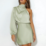 Asymmetric One-Shoulder Satin Mini Dress with Draped Neck