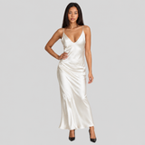 Draped Satin Slip Maxi Dress with Spaghetti Straps and V-Neck