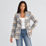 Plaid Tailored Blazer with Single Button Closure and Flap Pockets