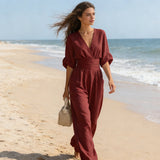 Wide-Leg Jumpsuit with Ruched Waist and Dolman Sleeve