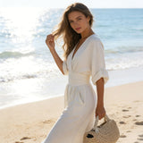 Wide-Leg Jumpsuit with Ruched Waist and Dolman Sleeve