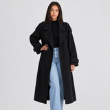 Double-Breasted Wool Trench Coat with Belt and Lapel Collar