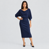 Ribbed Knit Midi Dress with Cowl Neck and Batwing Sleeves