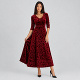 Women's Wedding Guest Midi Dress with Floral Velvet-Look Pattern and Long Sleeves