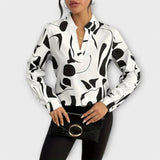 Abstract Print Blouse with Split Neck and Long Sleeves