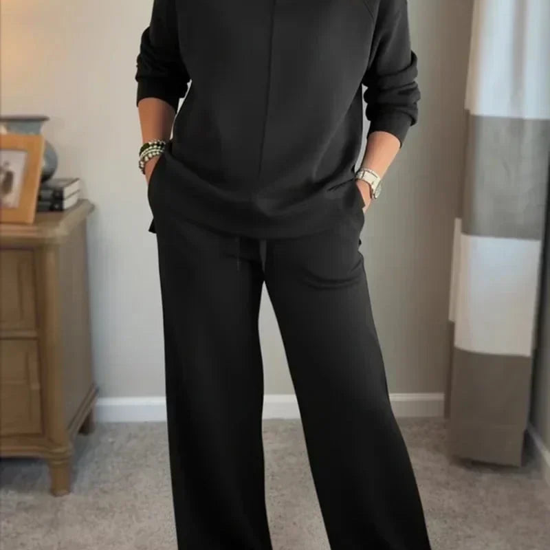 Cowl Neck Drawstring Two-Piece Set with Wide-Leg Pants