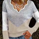 Color Block Knit Sweater with V-Neck and Ribbed Trim
