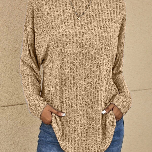 Textured Knit Crew Neck Sweater with Curved Hem