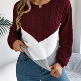 Cable Knit Color Block Sweater with Round Neck and Long Sleeves