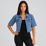 Cropped Denim Jacket with Short Sleeves and Flap Pockets