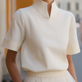 Mandarin Collar Blouse with Short Sleeves