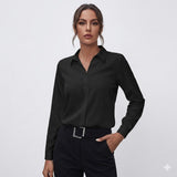 Collared Long-Sleeve Blouse with V-Neck