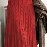 Cable Knit Maxi Sweater Dress with Round Neck and Long Sleeves