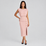 Sleeveless Midi Dress with Button Detail and Front Slit