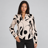 Abstract Print Blouse with Split Neck and Long Sleeves