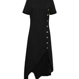 High-Low Maxi Dress with Button Detail and Crew Neck