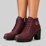 Lace-Up Ankle Boots with Block Heel and Buckle Strap