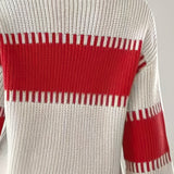 Two Tone Ribbed Knit Sweater with Balloon Sleeves and Ribbed Cuff