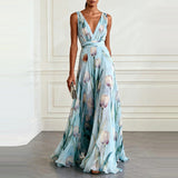 Pleated Floral Print Maxi Dress with V-Neck