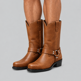 Mid-Calf Harness Boots with Buckle Strap and Round Toe