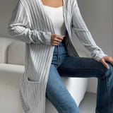 Long Ribbed Knit Cardigan with Open Front and Patch Pockets