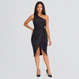 One-Shoulder Wrap Midi Dress with Tie Waist and Front Slit