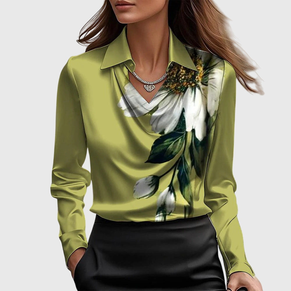 Seraphine | Elegant Satin Draped Blouse Women Long Sleeve Formal Top