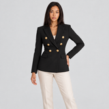 Fitted Double-Breasted Blazer with Button Front and Flap Pockets