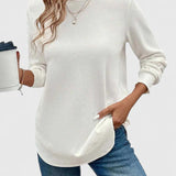 Women's Long Sleeve Top with Round Neck and Layered Curved Hem for Everyday Wear