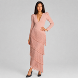 Fringe Tiered Maxi Dress with V-Neck and Puff Shoulder