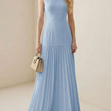 Sleeveless Pleated Maxi Dress with Boat Neck