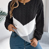 Cable Knit Color Block Sweater with Round Neck and Long Sleeves