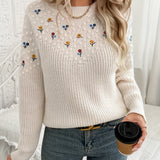 Floral Embroidered Sweater with Round Neck and Ribbed Cuff