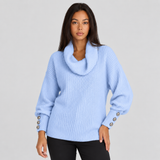 Cowl Neck Ribbed Knit Sweater with Button Cuff